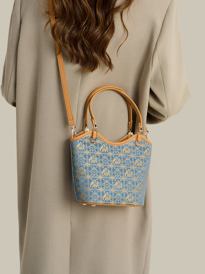 Refined Golden Elephant Motif Vegan Eco-Leather Bucket Clutch Bag