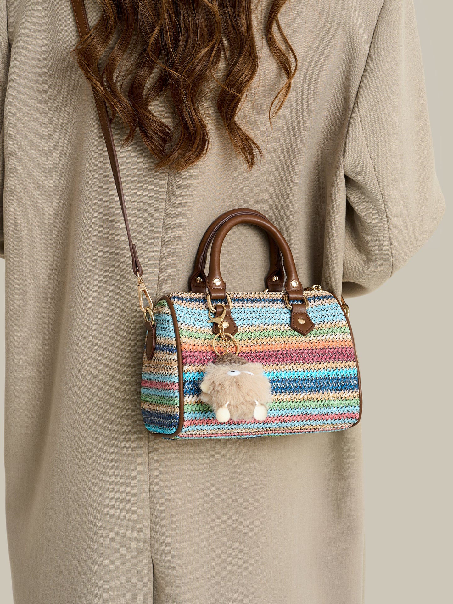 Romantic Striped Woven Vegan Eco‑Leather Mini Boston Clutch Bag