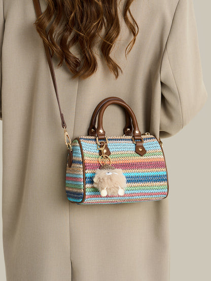 Romantic Striped Woven Vegan Eco‑Leather Mini Boston Clutch Bag