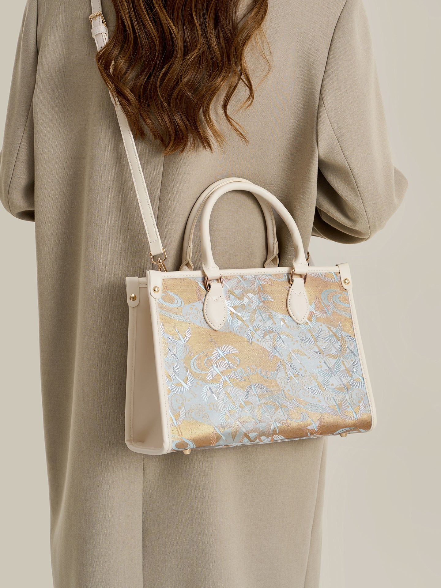 Artisanal Crane Motif Vegan Eco-Leather Tote Clutch Bag