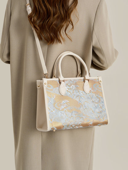 Artisanal Crane Motif Vegan Eco-Leather Tote Clutch Bag