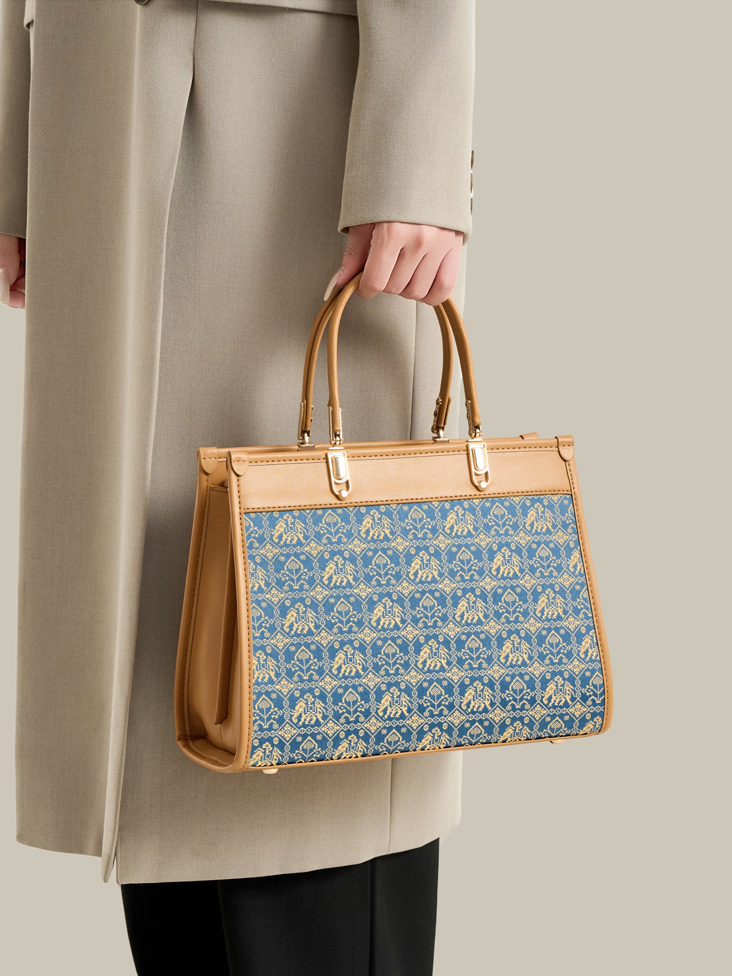Ornate Geometric Golden Elephant Motif Vegan Eco-Leather Satchel Clutch Bag