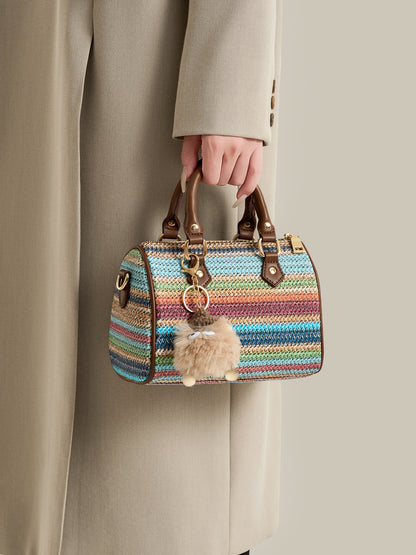 Romantic Striped Woven Vegan Eco‑Leather Mini Boston Clutch Bag