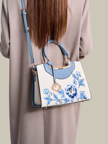 Elegant Peony Embroidered Vegan Eco-Leather Clutch Bag with Charm