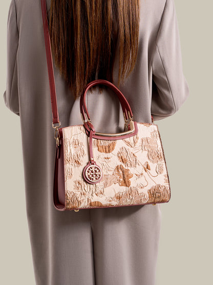 Romantic Floral Vegan Eco-Leather Tote Clutch Bag with Hollow Metal Charm