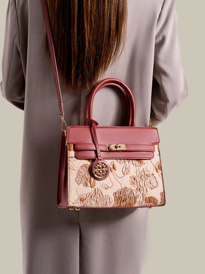 Classic Floral Vegan Eco-Leather Tote Clutch Bag with Metal Ornament Charm