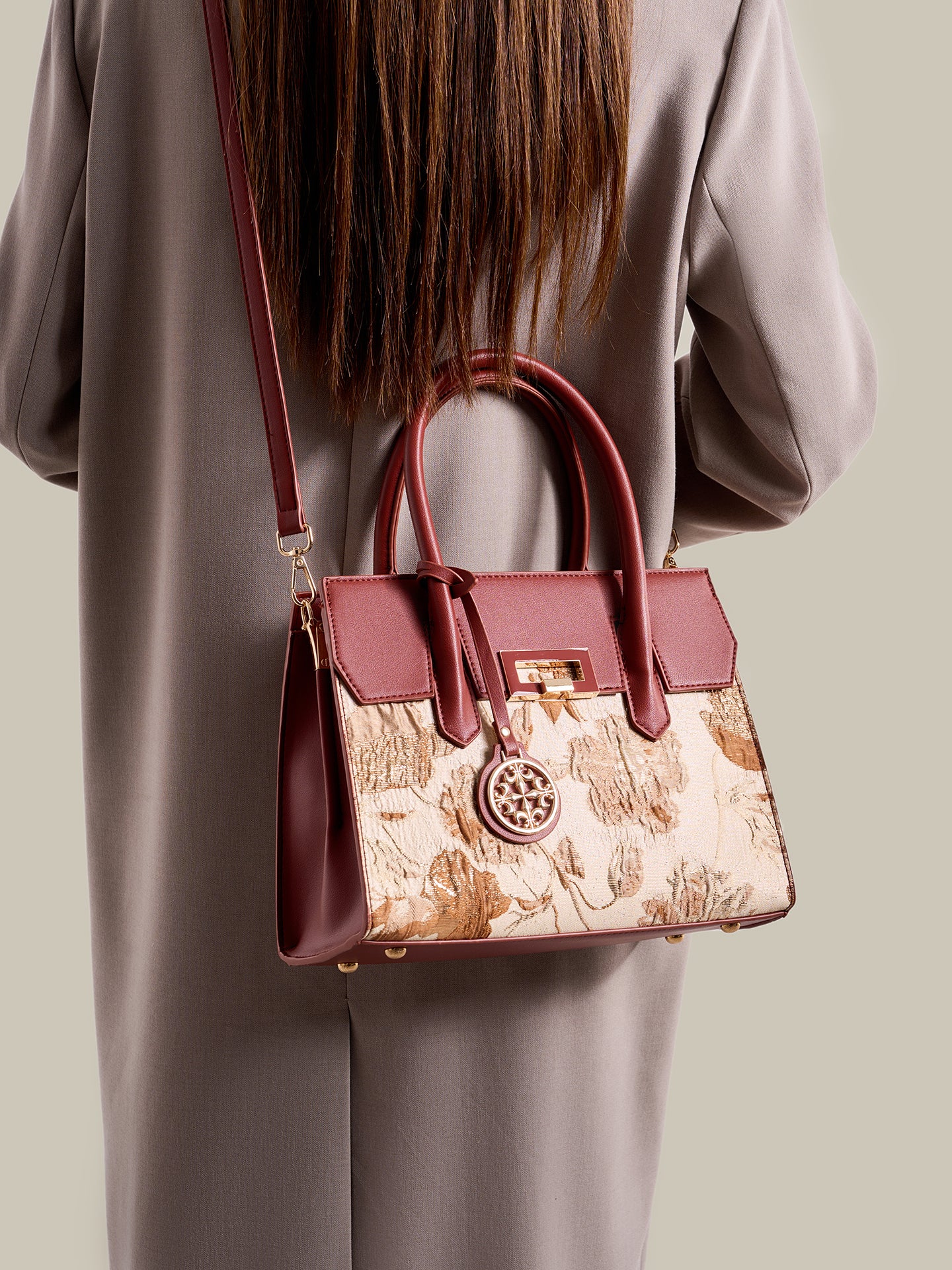 Classic Jacquard Vegan Eco-Leather Satchel Clutch Bag With Metal Charm