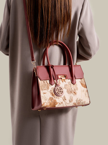 Classic Jacquard Vegan Eco-Leather Satchel Clutch Bag With Metal Charm