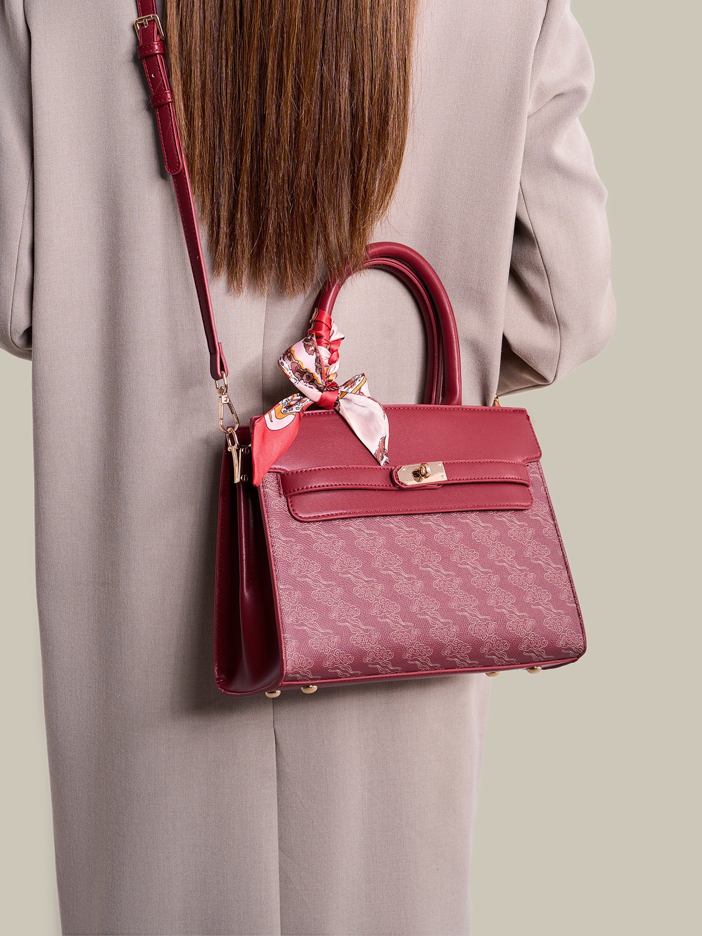 Regal Oriental Cloud Vegan Eco-Leather Tote Clutch Bag with Silk Scarf Charm
