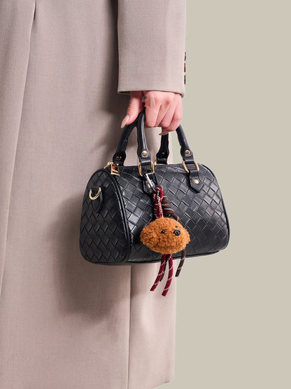 Exquisite Woven Vegan Eco-Leather Boston Clutch Bag with Playful Teddy Charm