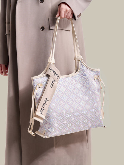 Elegant Oriental Embroidery Vegan Eco-Leather Tote Clutch Bag with Charm