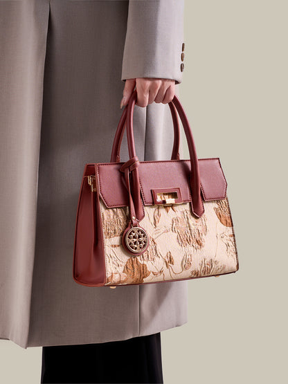 Classic Jacquard Vegan Eco-Leather Satchel Clutch Bag With Metal Charm