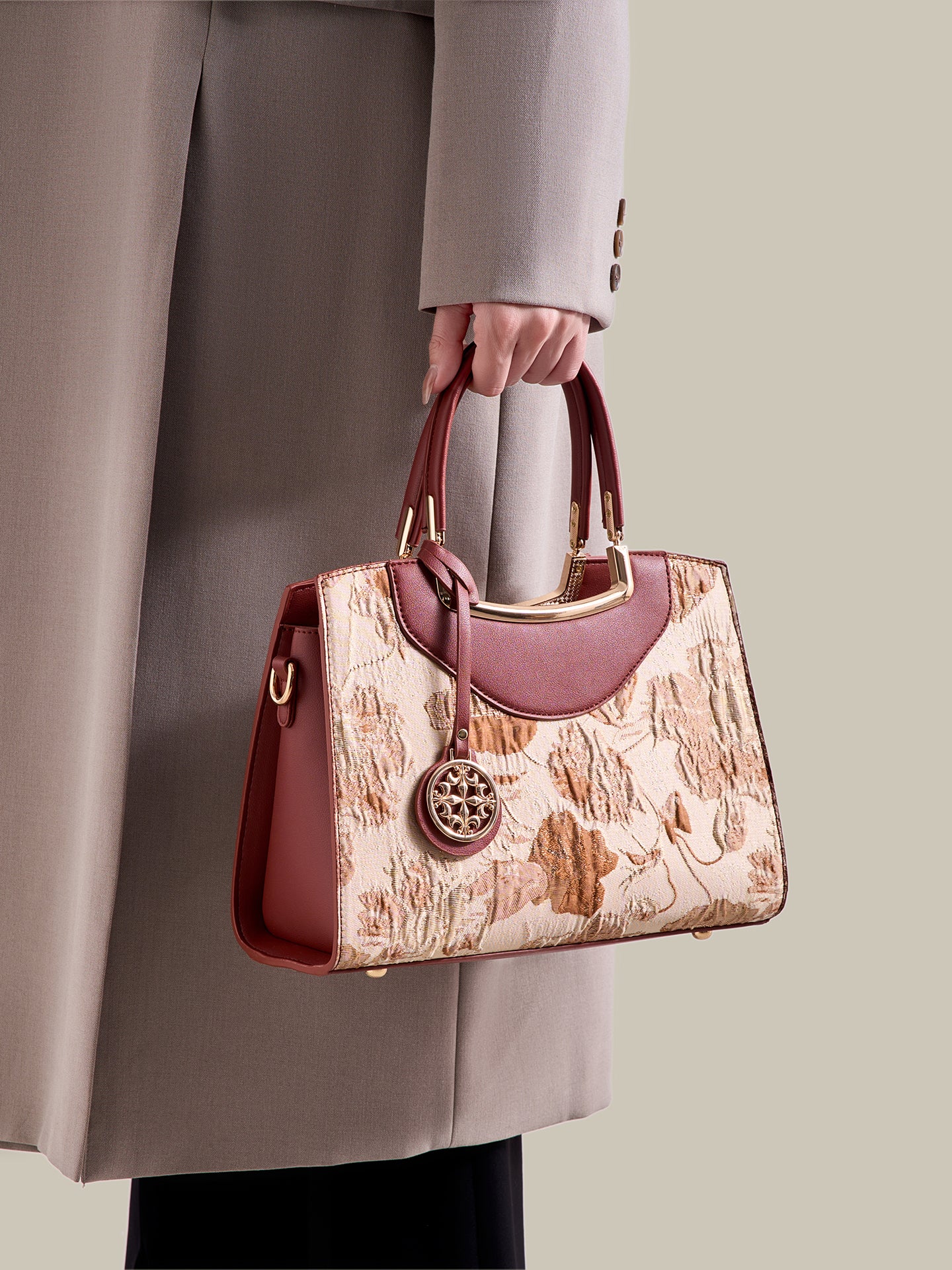 Graceful Floral Vegan Eco-Leather Clutch Bag with Round Metal Charm