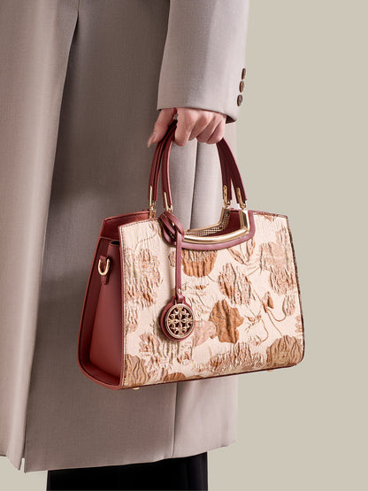 Romantic Floral Vegan Eco-Leather Tote Clutch Bag with Hollow Metal Charm