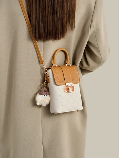 Elegant Color-Block Vegan Eco-Leather Clutch Phone Bag with Fluffy Charm