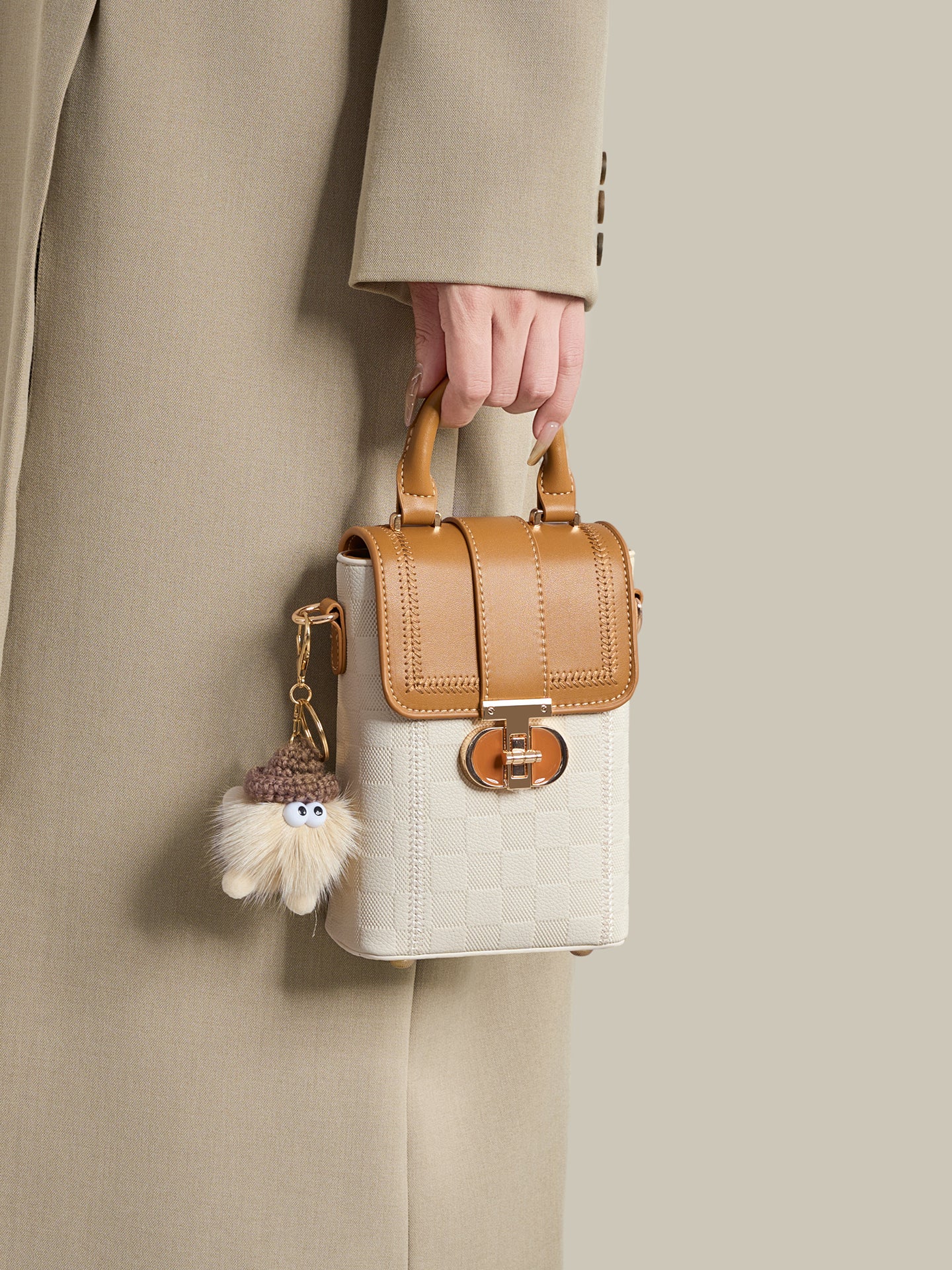 Elegant Color-Block Vegan Eco-Leather Clutch Phone Bag with Fluffy Charm