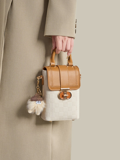 Elegant Color-Block Vegan Eco-Leather Clutch Phone Bag with Fluffy Charm