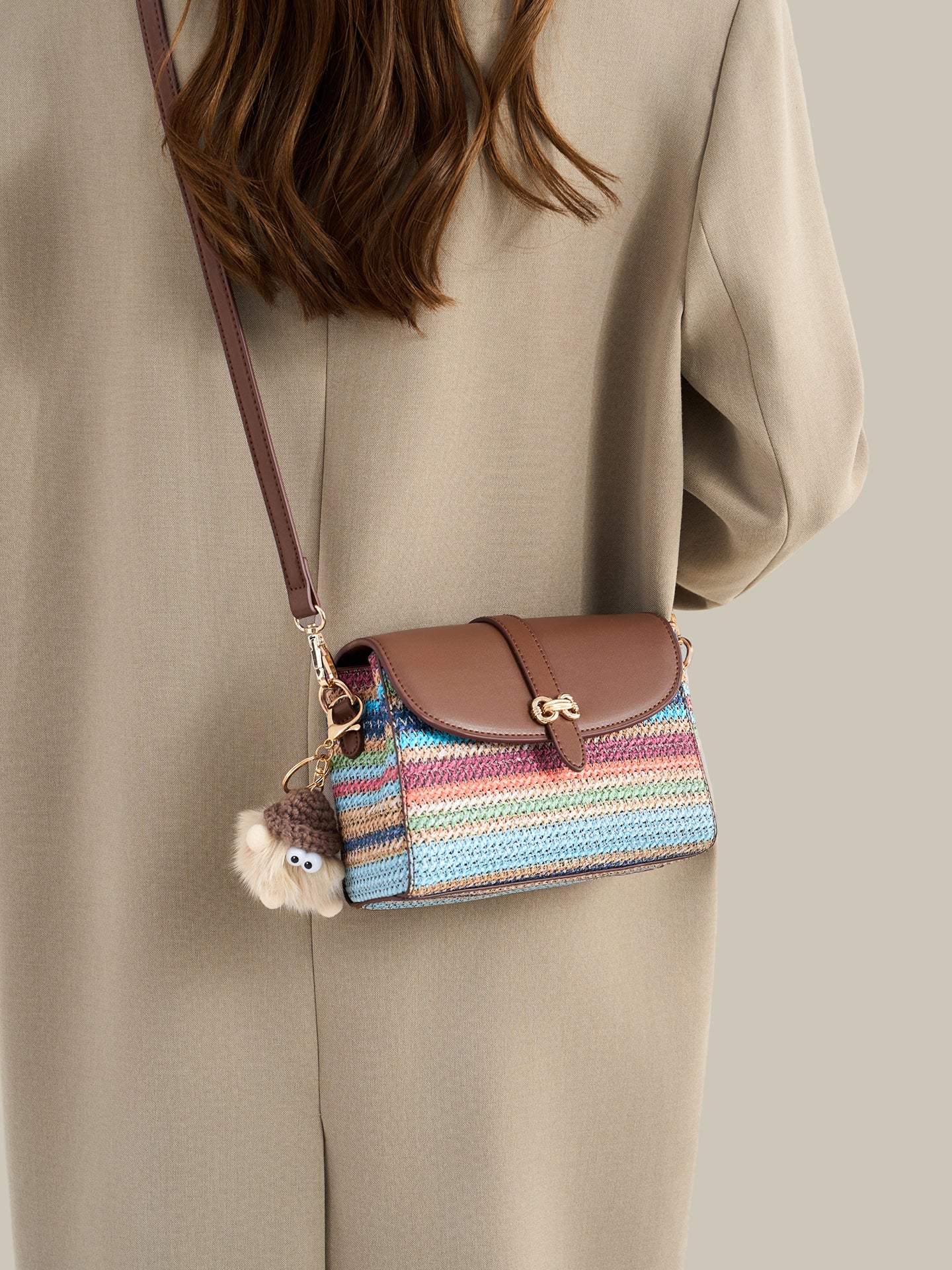 Radiant Rainbow Striped Woven Vegan Eco-Leather Flap Clutch Bag with Lovely Charm