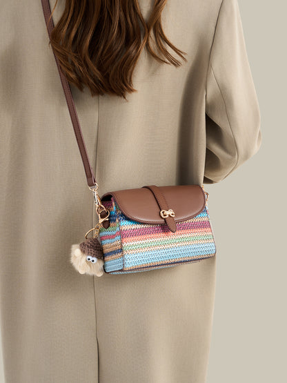 Radiant Rainbow Striped Woven Vegan Eco-Leather Flap Clutch Bag with Lovely Charm