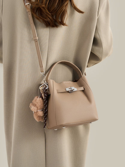 Mellow Pebble Textured Vegan Eco-Leather Bucket Bag with Fluffy Puppy Charm