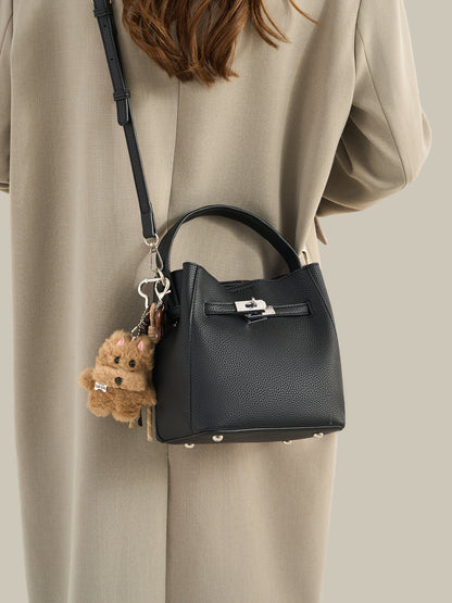 Mellow Pebble Textured Vegan Eco-Leather Bucket Bag with Fluffy Puppy Charm