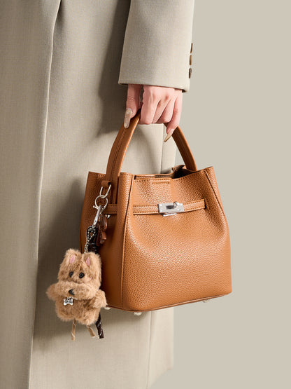 Mellow Pebble Textured Vegan Eco-Leather Bucket Bag with Fluffy Puppy Charm