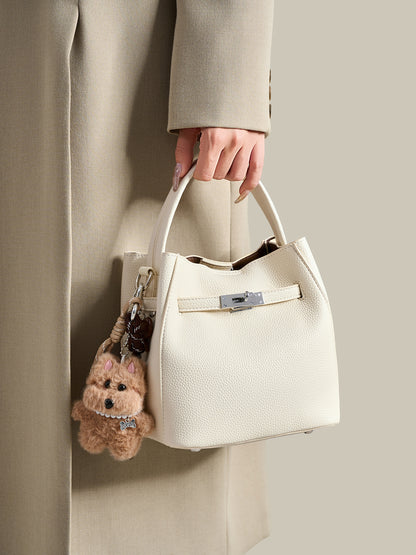 Mellow Pebble Textured Vegan Eco-Leather Bucket Bag with Fluffy Puppy Charm