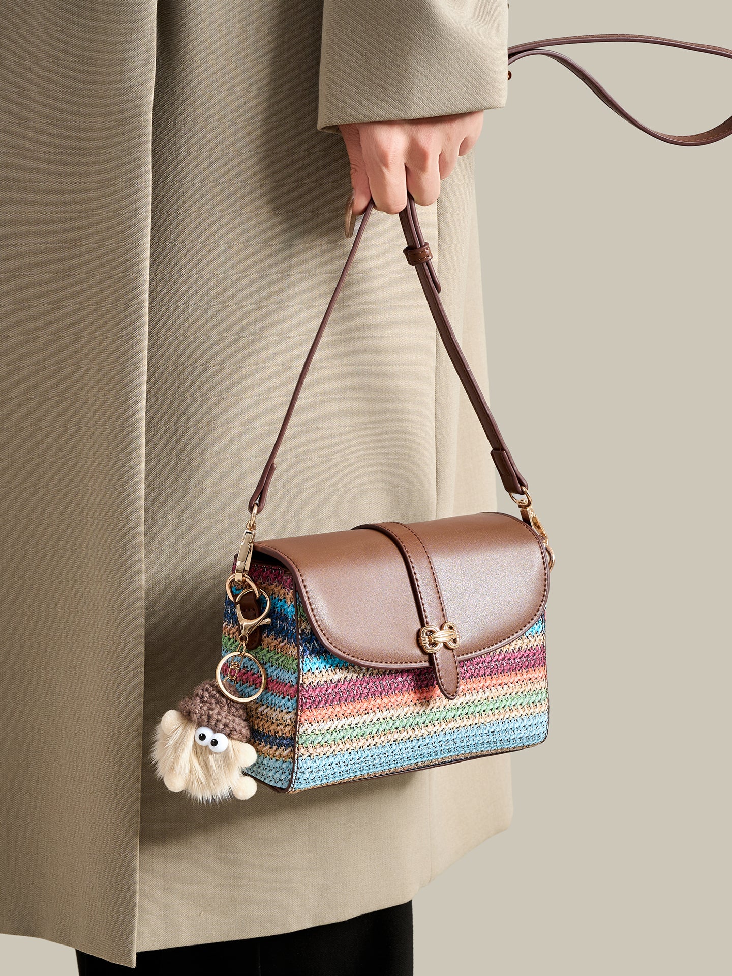 Radiant Rainbow Striped Woven Vegan Eco-Leather Flap Clutch Bag with Lovely Charm