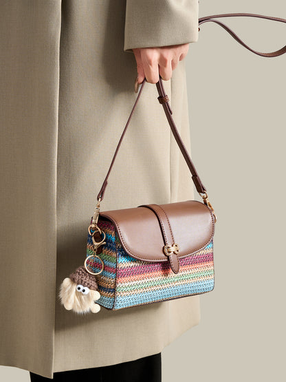 Radiant Rainbow Striped Woven Vegan Eco-Leather Flap Clutch Bag with Lovely Charm