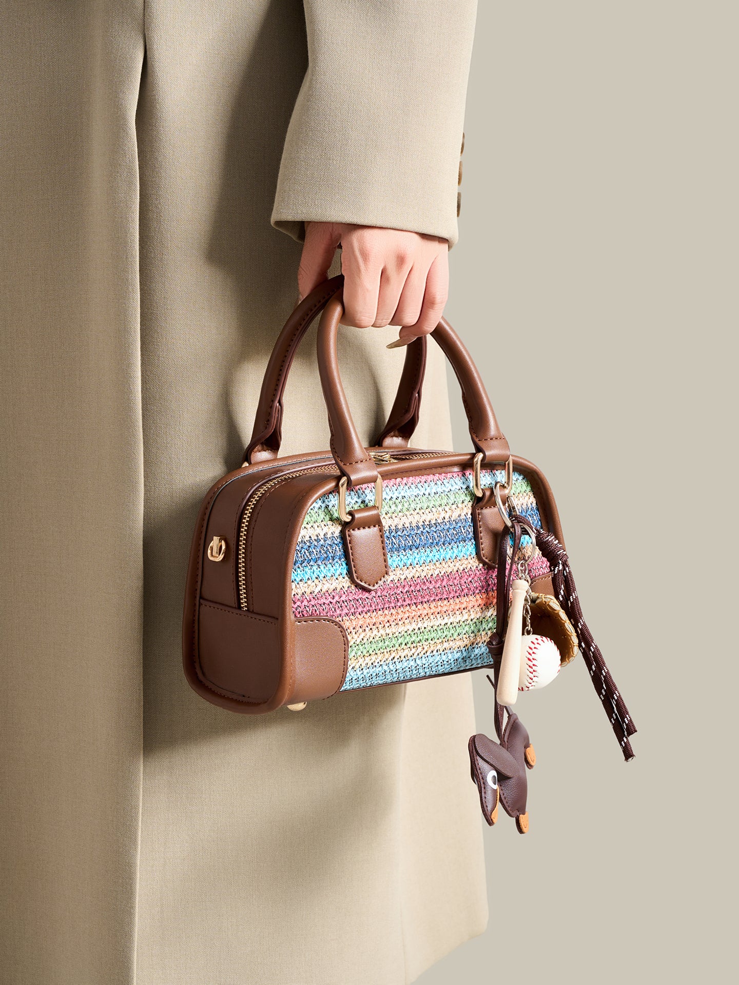 Vivacious Rainbow Striped Vegan Eco-leather Boston Clutch Bag with Cute Dachshund Charm