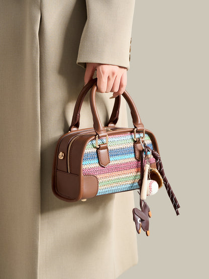 Vivacious Rainbow Striped Vegan Eco-leather Boston Clutch Bag with Cute Dachshund Charm