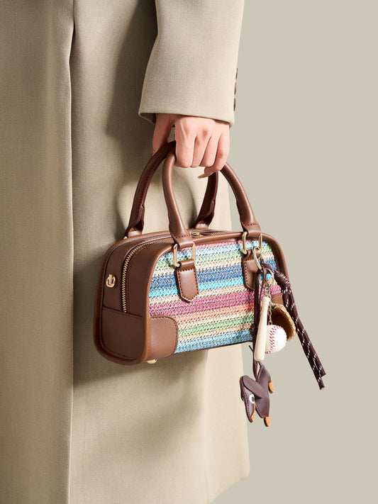 Vivacious Rainbow Striped Vegan Eco-leather Boston Clutch Bag with Cute Dachshund Charm