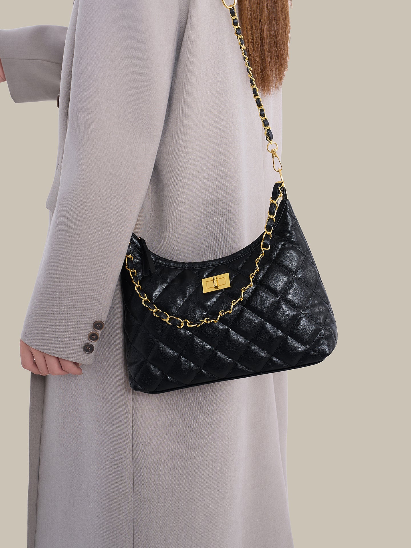 Classic Quilted Vegan Eco-Leather Chain Hobo Clutch Bag