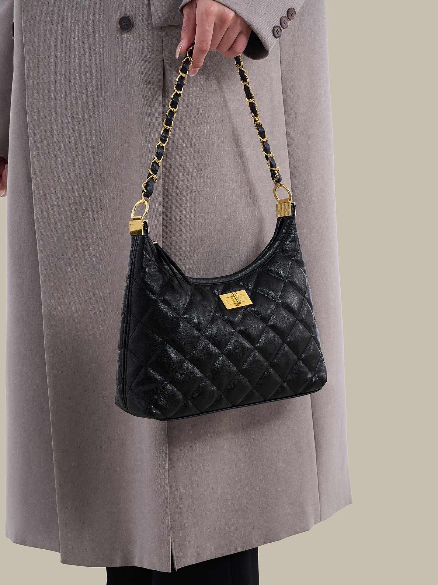Classic Quilted Vegan Eco-Leather Chain Hobo Clutch Bag