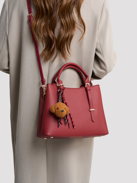 Polished Pebbled Vegan Eco-Leather Tote Clutch Bag with Teddy Charm