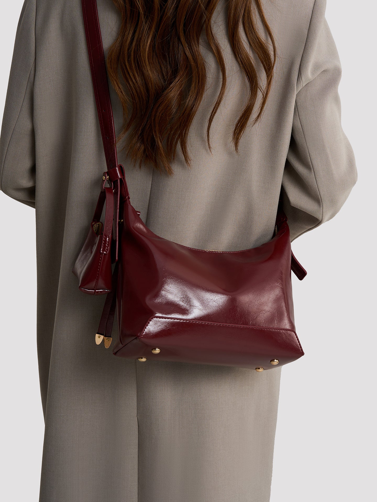 Retro Glossy Vegan Eco-Leather Hobo Bag with Mini Pouch