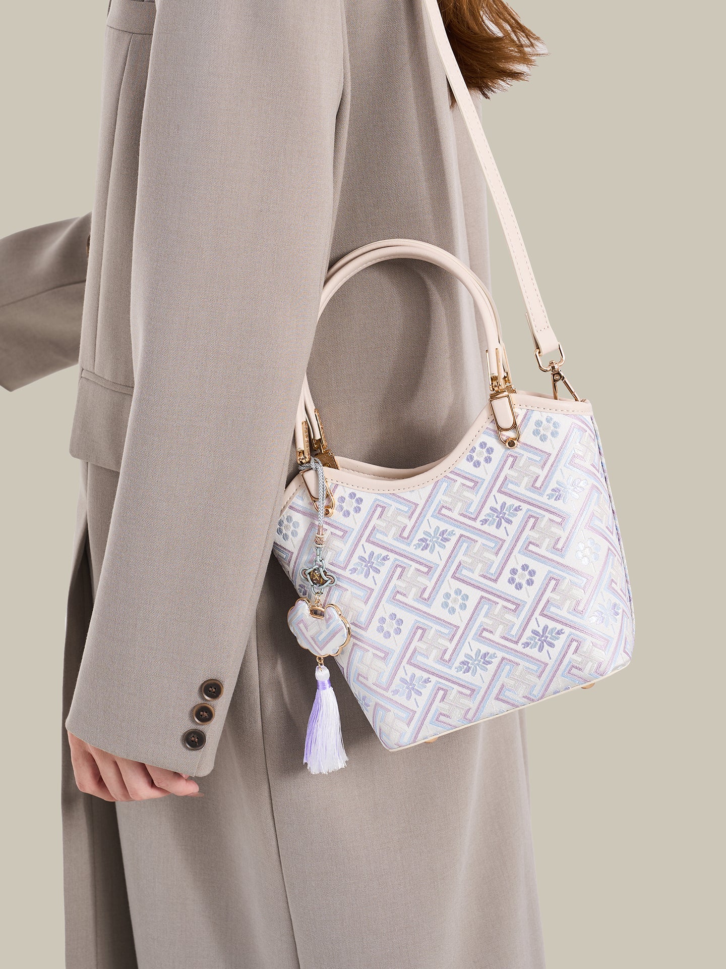 Opulent Brocade Vegan Eco-Leather Bucket Clutch Bag with Tassel