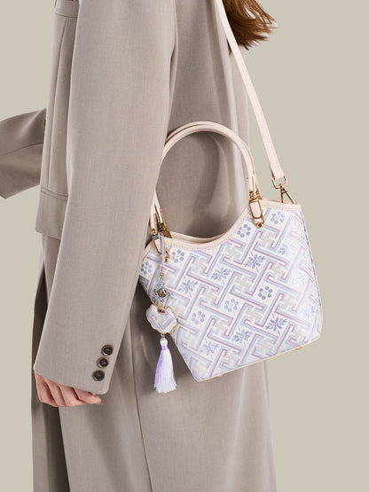 Opulent Brocade Vegan Eco-Leather Bucket Clutch Bag with Tassel Charm