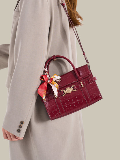 Gentle Glossy Croc Vegan Eco-Leather Satchel Clutch Bag with Silk Scarf Charm