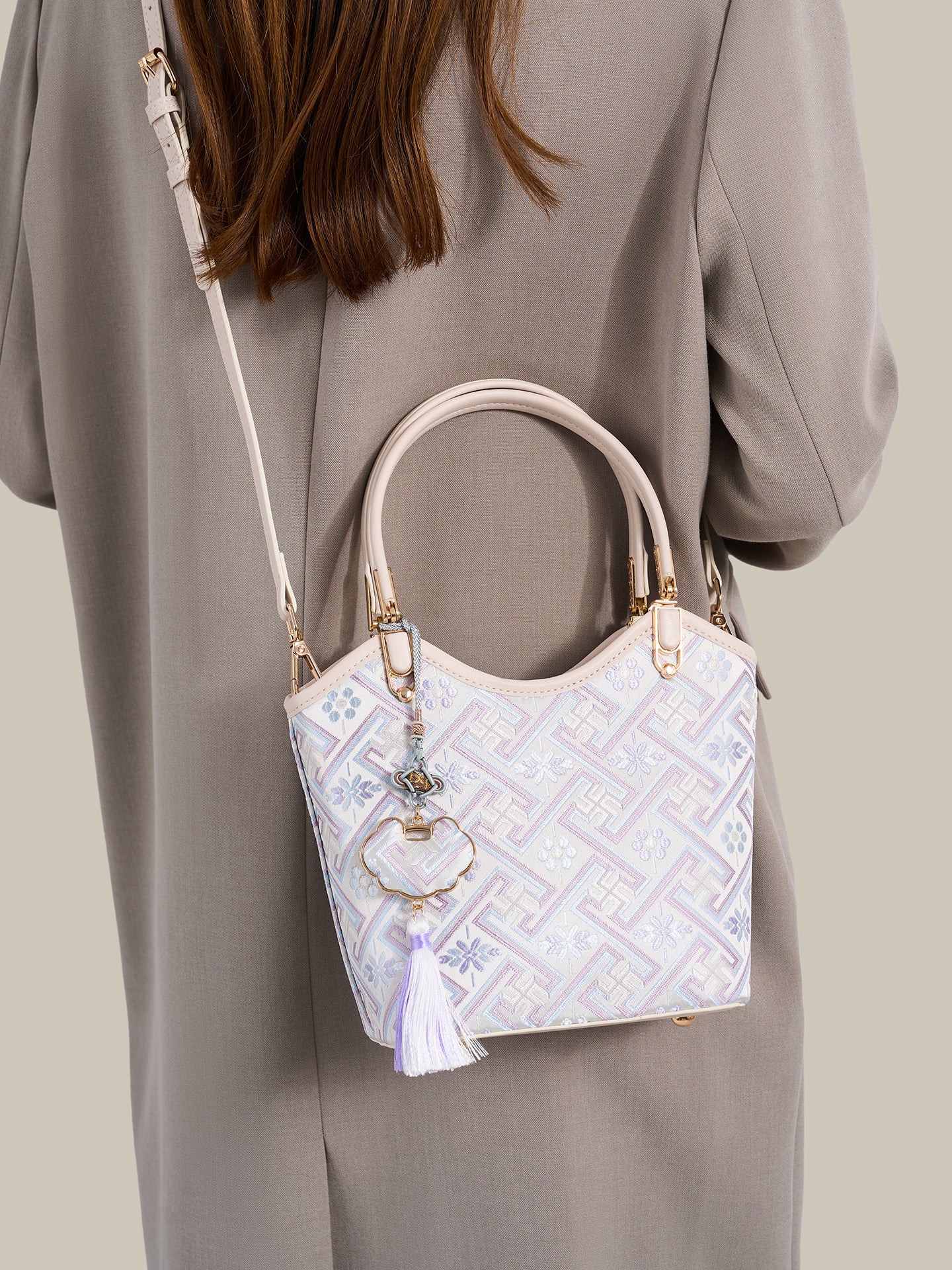 Opulent Brocade Vegan Eco-Leather Bucket Clutch Bag with Tassel Charm