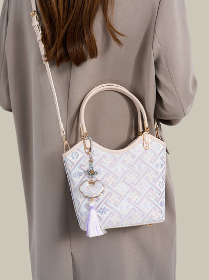 Opulent Brocade Vegan Eco-Leather Bucket Clutch Bag with Tassel Charm