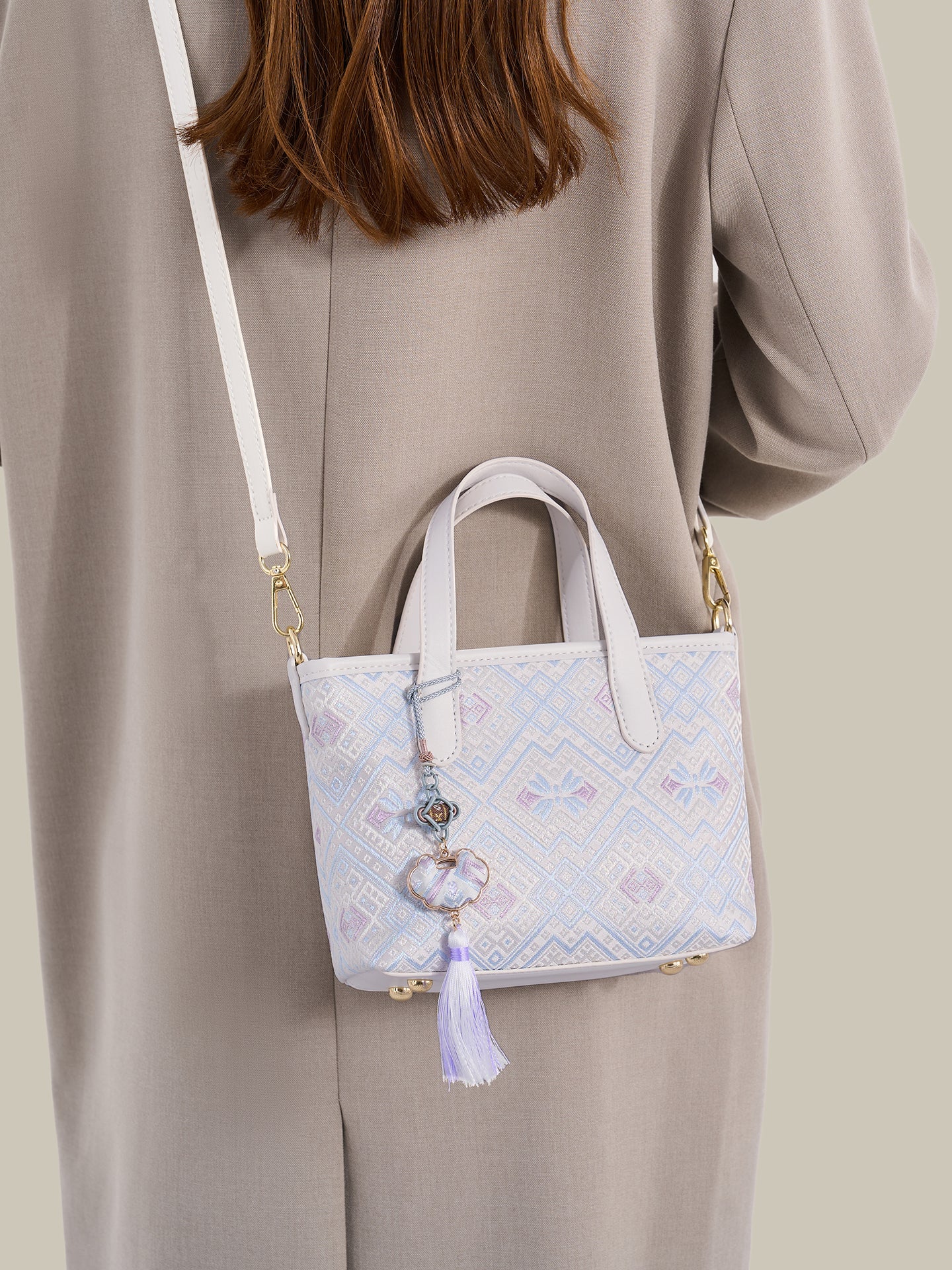 Serene Oriental Brocade Vegan Eco-Leather Mini Tote Clutch Bag with Tassel Charm