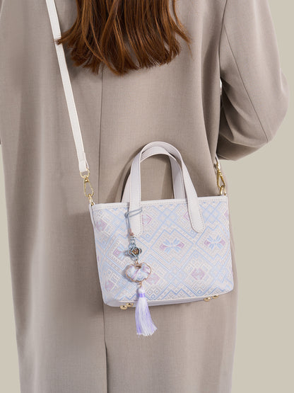 Serene Oriental Brocade Vegan Eco-Leather Mini Tote Clutch Bag with Tassel Charm