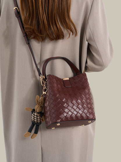 Retro Woven Vegan Eco-Leather Bucket Clutch Bag With Stuffed Bunny Charm