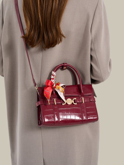 Gentle Glossy Croc Vegan Eco-Leather Satchel Clutch Bag with Silk Scarf Charm