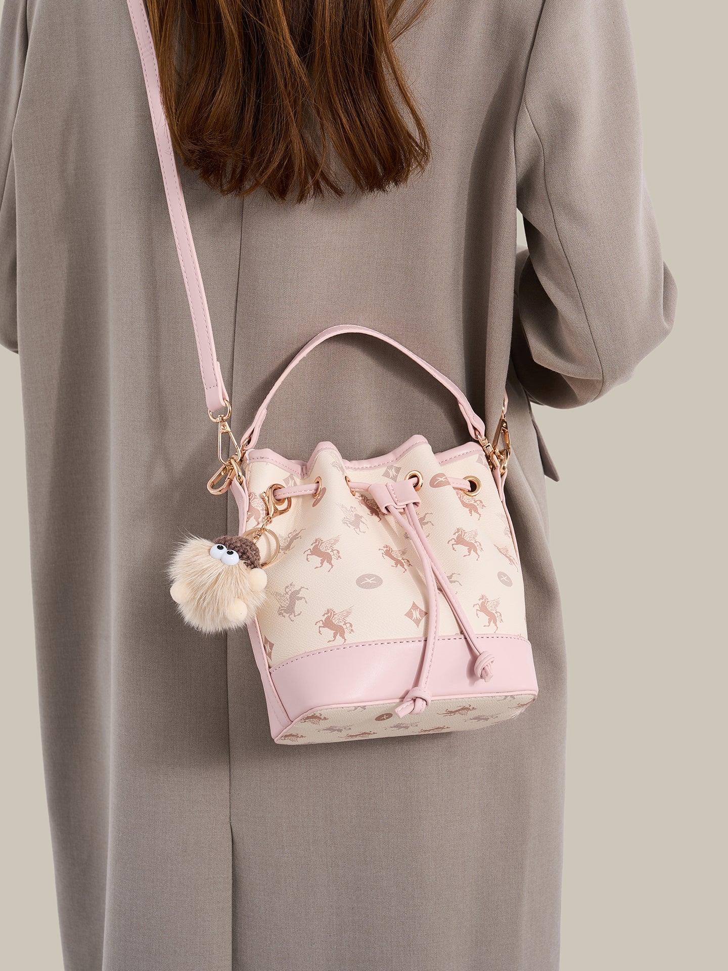 Ethereal Pegasus Pattern Vegan Eco-Leather Bucket Clutch Bag with Lovely Charm