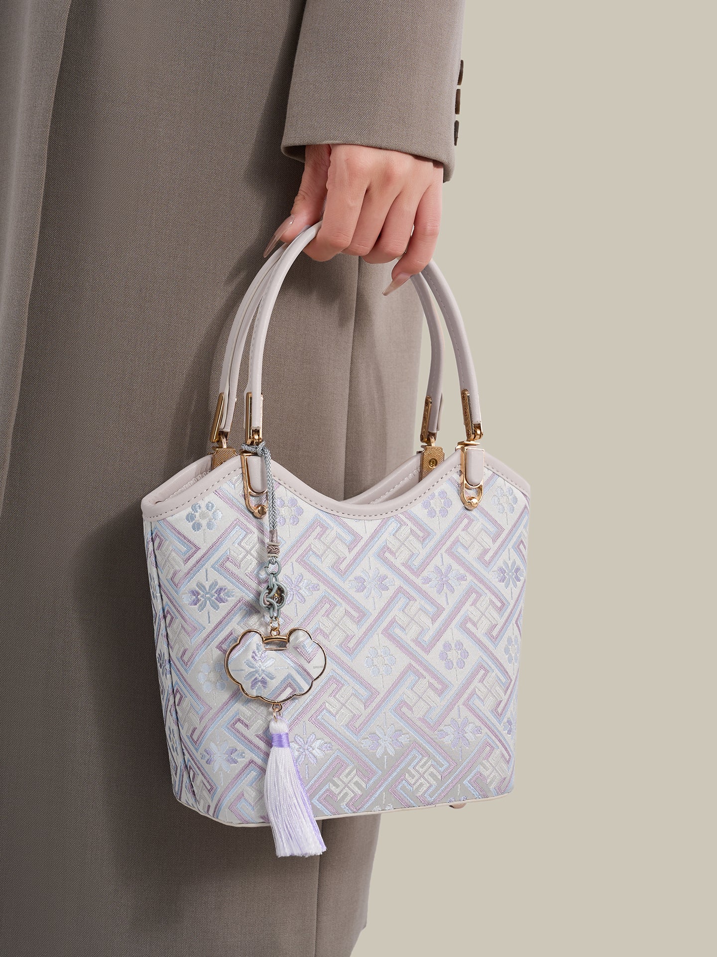 Opulent Brocade Vegan Eco-Leather Bucket Clutch Bag with Tassel Charm