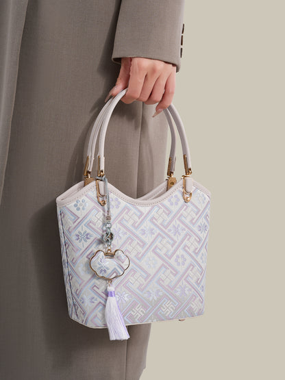 Opulent Brocade Vegan Eco-Leather Bucket Clutch Bag with Tassel Charm