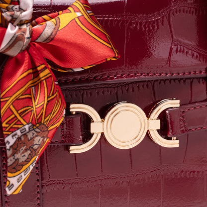 Gentle Glossy Croc Vegan Eco-Leather Satchel Clutch Bag with Silk Scarf Charm