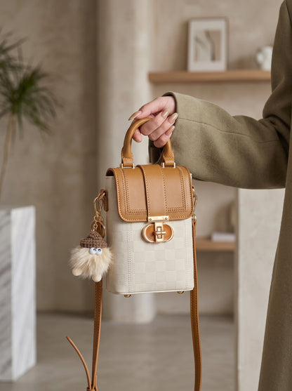 Elegant Color-Block Vegan Eco-Leather Clutch Phone Bag with Fluffy Charm